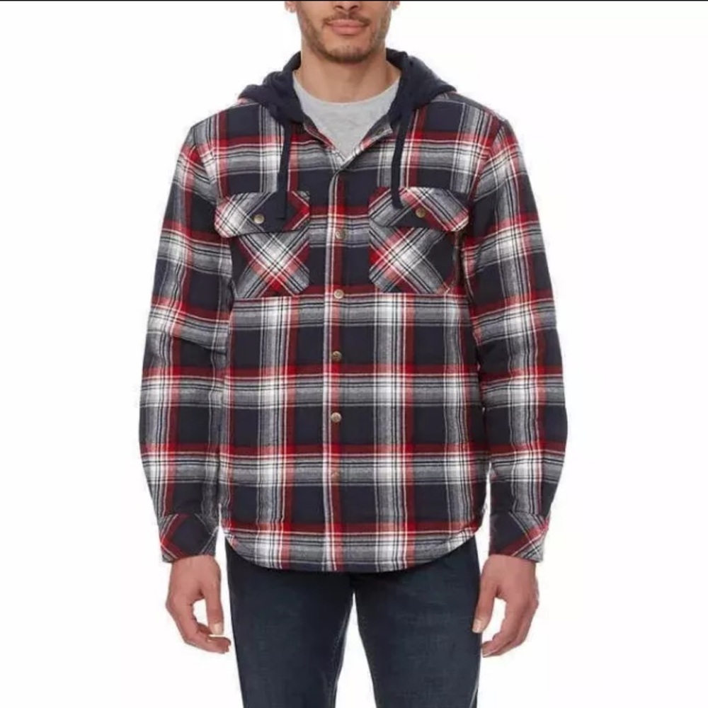 Legendary Outfitters Men’s Shirt Jacket w/Hood, Black Red Blue Flannel Size XL